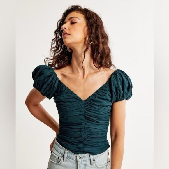 Abercrombie & Fitch Tops - Abercrombie & Fitch Women’s Top Drama Puff Sleeve Ruched Deep Blue Green Size XL